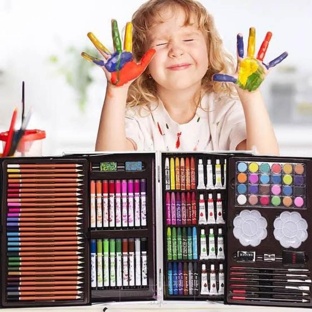 Front view of a portable art case with "Universe" written on it, decorated with space illustrations including an astronaut, moon, and rockets, ideal for children's painting and drawing activities from Usmile Toys. www.usmile.toys